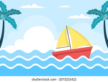 Cartoon Sailing Boat with Sea or Lake View Background Vector Illustration. Summer Time for Leisure, Sports Activity and Recreation Outdoors Lifestyle
