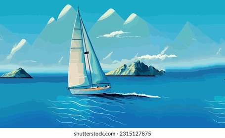 Cartoon Segelsport Eine malerische Segel-Landschaft, die ein schlankes Segelboot zeigt, das über ruhiges, azurisches Wasser gleitet, Landschaft, Welle, Hintergrund, Illustration, Abend, Sommerurlaub, glitzerndes Meer, Landschaft, 