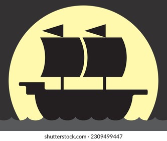 A cartoon sailing ship is crossing the ocean at night