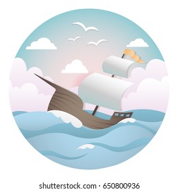 Cartoon sailing ship in frame postcard. Vector illustration
