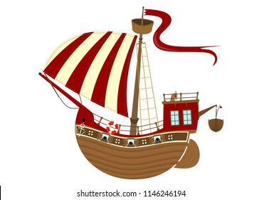 Cartoon sailing ship on a white background. Side view of fairytale ship. Flat vector.