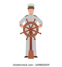 Cartoon sailor captain in a cap is standing near the helm, character for children. Flat vector illustration