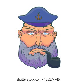 Cartoon ?aptain sailor face with Beard, Cap and Smoking Pipe. Vector illustration