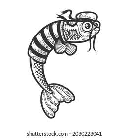 Cartoon sailor fish sketch engraving vector illustration. T-shirt apparel print design. Scratch board imitation. Black and white hand drawn image.