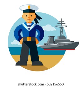 Cartoon sailor and the large ship