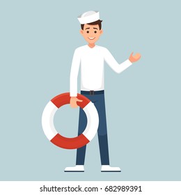 Cartoon sailor man holding a life preserver. the seafarer in the form welcomed by the uplifted hand. vector illustration isolated from background