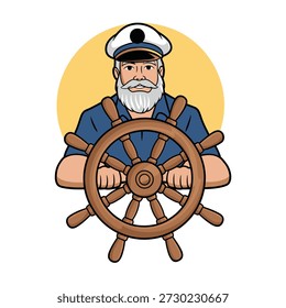 Cartoon marinheiro homem com barba branca e chapéu segurando o volante do navio no ícone amarelo do círculo