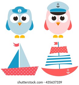 Cartoon sailor owls with boats