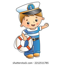 Marinero o marinero de dibujos animados con salvavidas. Profesión. Colorida ilustración vectorial para los niños.