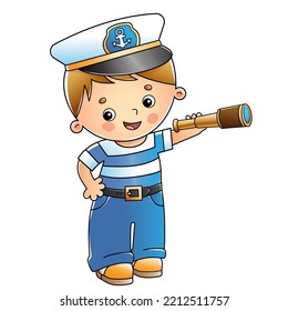Cartoon sailor or seaman with spyglass. Profession. Colorful vector illustration for kids.