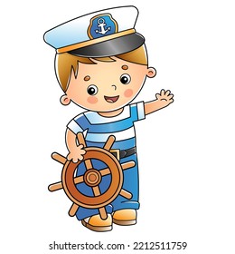 Marinero o marinero con volante o timón. Profesión. Colorida ilustración vectorial para los niños.