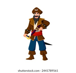 Cartoon sailor and skipper pirate character, boatswain and captain corsair or filibuster in tricorn hat. Isolated vector rover personage holding saber, ready for sea adventures and treasure hunts