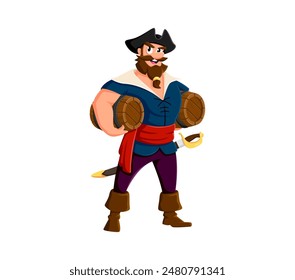 Caricatura marinero y patrón pirata personaje con barriles de ron. El contramaestre y capitán o filibustero exhibe una expresión alegre. Corsario de Vector aislado con barricas de madera, lleno de bebida alcohólica