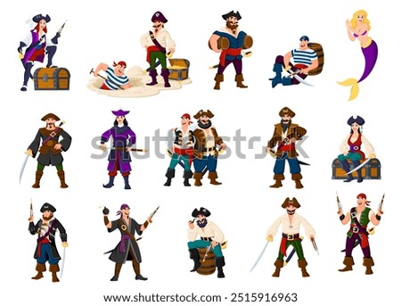 Cartoon sailor and skipper pirate characters, boatswain and captain corsairs or filibusters, buccaneers and mermaid vector personages. Cute pirate girls and corsair sailors with hats, swords and guns