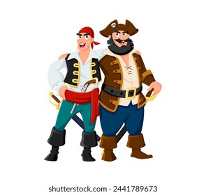 Marineros y patrones de dibujos animados, personajes piratas, contramaestre y capitán corsario o filibustero. Vector swashbuckling amigos de pie lado a lado, abrazando y sonriendo, listo para el peligro de aventuras de alta mar