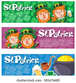 Cartoon Saint Patrick Day horizontal banners with cheerful leprechauns clover smoking pipe beer cauldron with gold coins vector illustration