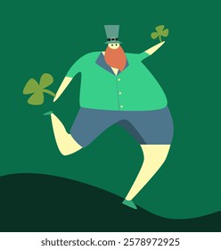 Cartoon Saint Patrick holding clover leaves. Flat vector illustration