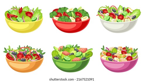 Cartoon salad bowl. Healthy food, chopped raw vegetables and lettuce served in bowls vector set. Illustration of salad in bowl cartoon collection