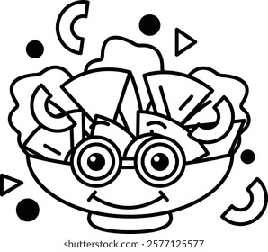 A cartoon salad bowl with a smiling face and glasses