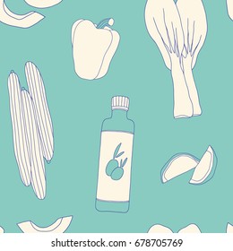 Cartoon salad ingredients seamless pattern. Vector hand drawn food background. Kitchen decor surface design 