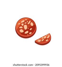 Cartoon salami sausage slice isolated on white background. Meat delicacy food icon. Flat vector illustration