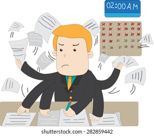 A cartoon salary office worker is busy working overtime with huge workload on his hands with stress expression and the deadline is near, create by vector