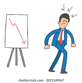 Cartoon sales graph goes down and the businessman leaves very angry, vector illustration. Colored and black outlines.