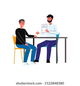 Cartoon Salesman And Customer Sitting At Table And Smiling, Happy Salesperson Holding Deal Document - Isolated Flat Vector Illustration On White Background.