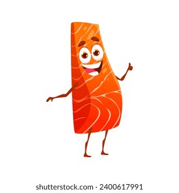 Cartoon salmon fish meat keto diet food character. Red fish fillet cheerful personage, healthy food and ketogenic diet nutrition isolated vector character or salmon meat happy mascot showing thumbs up