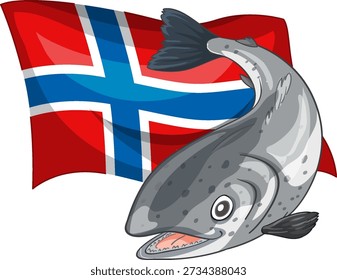 A cartoon salmon jumps before a waving Norwegian flag in this clean vector graphic illustration