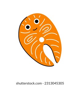 Cartoon salmon steak. Healthy food character. Children illustration. Flat vector illustration.