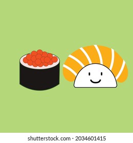 cartoon salmon sushi and lobster roe sushi green background