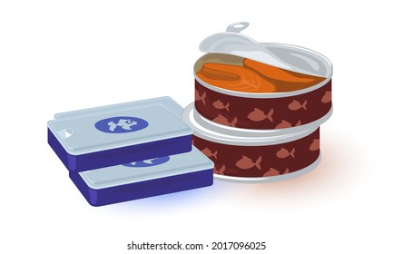 Cartoon salted salmon in round tin and packed fish paste. Vector seafood, protein cooked products. Concept of factory production, fast food, preservation isolated on white background