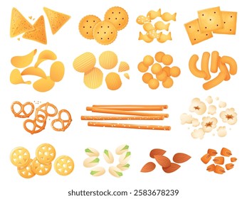 Cartoon salty snacks. Crunchy crackers, chips, nachos and pretzels, dry appetizers for beer, unhealthy crispy baked food, pistachio almond and popcorn, isolated element, vector set