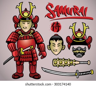 cartoon samurai with the complete gears and samurai word in kanji