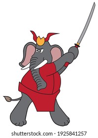 Un elefante samurai de dibujos animados se está preparando para balancear su espada