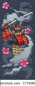 Cartoon samurai enveloped in smoke with sakura flowers and wave background. Vector clip art illustration with simple gradients. Some elements on separate layers. 
