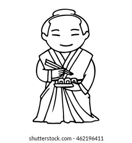 Cartoon samurai with a set of rolls, stylized line drawing.