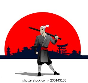 Cartoon samurai with sword, Vector eps 10