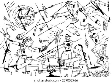 Cartoon samurai war. Vector illustration.
