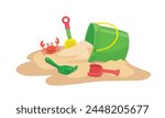 Cartoon sand bucket vector illustration with shovel and rake. Beach sand playing set. Summer element. Flat vector in cartoon style isolated on white background.