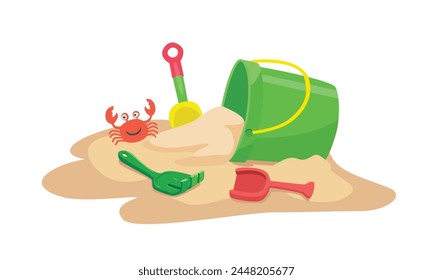 Cartoon sand bucket vector illustration with shovel and rake. Beach sand playing set. Summer element. Flat vector in cartoon style isolated on white background.