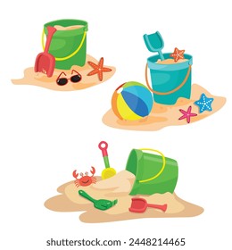 Cartoon sand bucket vector illustration with shovel and rake. Beach sand playing set. Summer element. Flat vector in cartoon style isolated on white background.