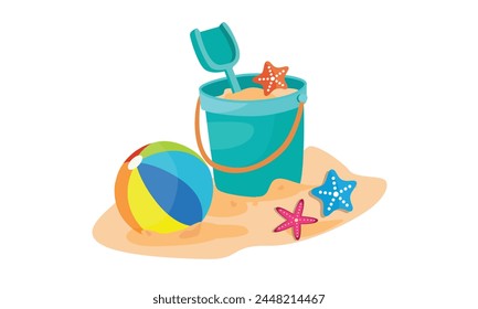 Cartoon sand bucket vector illustration with shovel and rake. Beach sand playing set. Summer element. Flat vector in cartoon style isolated on white background.