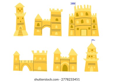 Cartoon Sand Castle, beach elements set. Vector illustrations of sandcastle isolated on white background. Summer children sculpture, seaside simple house from sand.