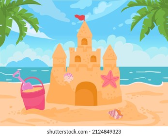 Cartoon sand castle, bucket and shovel at sea beach. Sand tower with seashells and flag. Children summer building activity vector concept. Sand castle on beach summer, tower house illustration