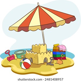 Castillo de arena de dibujos animados, cubo y pala en la playa de mar. Torre de arena con conchas y bandera. Concepto de Vector de actividades de construcción de verano para niños. Castillo de arena en la playa verano, ilustración de la casa de la torre