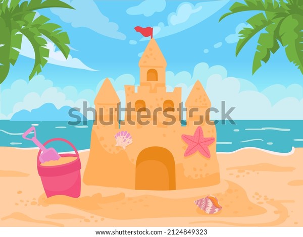 Cartoon sand castle, bucket and shovel at\
sea beach. Sand tower with seashells and flag. Children summer\
building activity vector concept. Sand castle on beach summer,\
tower house\
illustration