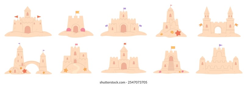 Cartoon und Burgen. Kinder bauen ein Schloss am Meeresstrand. Kinder Strandgebäude, Sandpaläste an der Küste mit Türmen und Flaggen, rassige Vektorgrafik Clipart