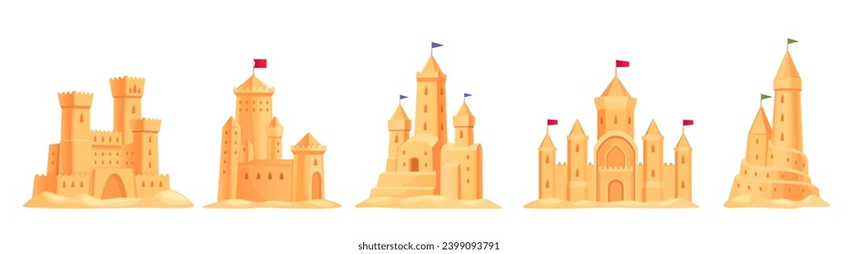 Cartoon sand castles. Isolated sandcastles, sands castle construction on sea beach for children play sandcastle sculpture kid summer toy magic palace vector illustration of cartoon castle sand